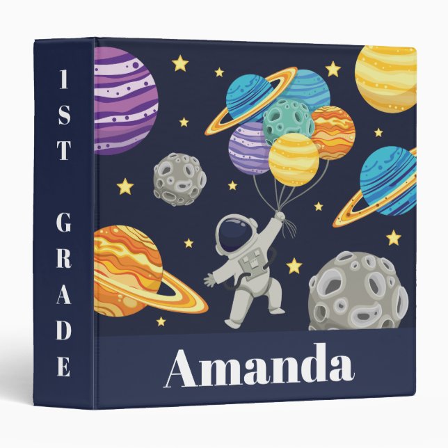 Cute Kawaii  Back to School Cartoon Astronaut Fun 3 Ring Binder (Front/Spine)
