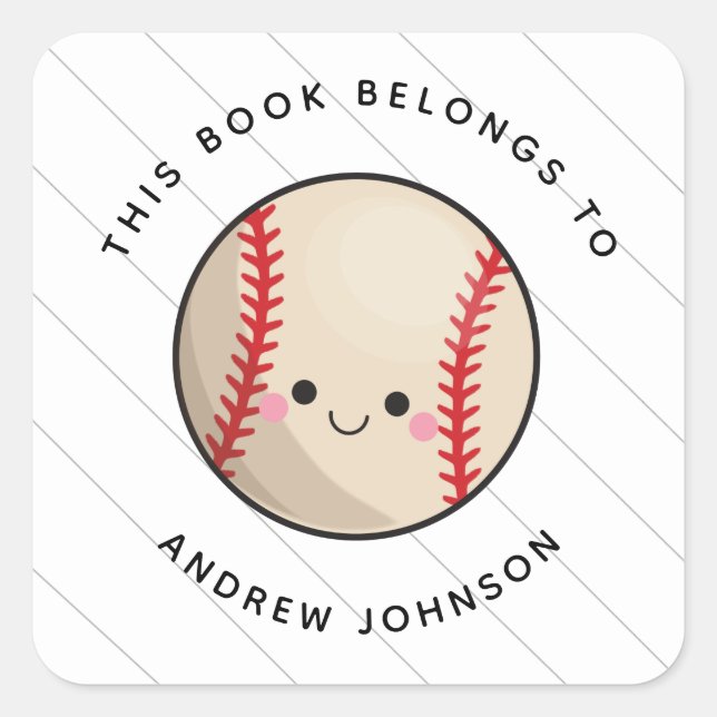 Cute Kawaii Baseball Ball Kids Name Bookplate (Front)