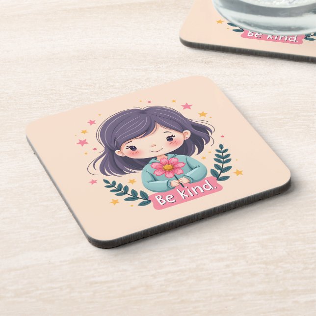 Cute Kawaii "Be Kind" Illustration Beverage Coaster (Left Side)