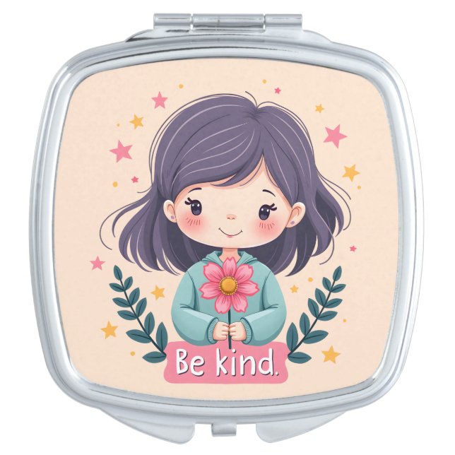 Cute Kawaii "Be Kind" Illustration Compact Mirror (Front)