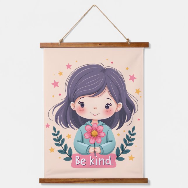 Cute Kawaii "Be Kind" Illustration Hanging Tapestry (Front)