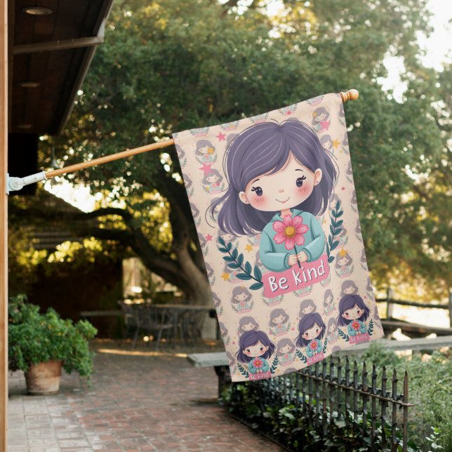 Cute Kawaii "Be Kind" Illustration House Flag (In SItu)