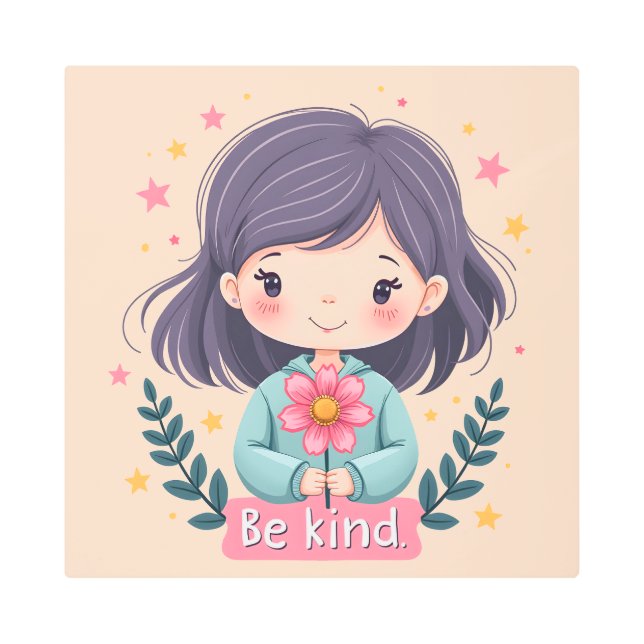 Cute Kawaii "Be Kind" Illustration Metal Print (Front)
