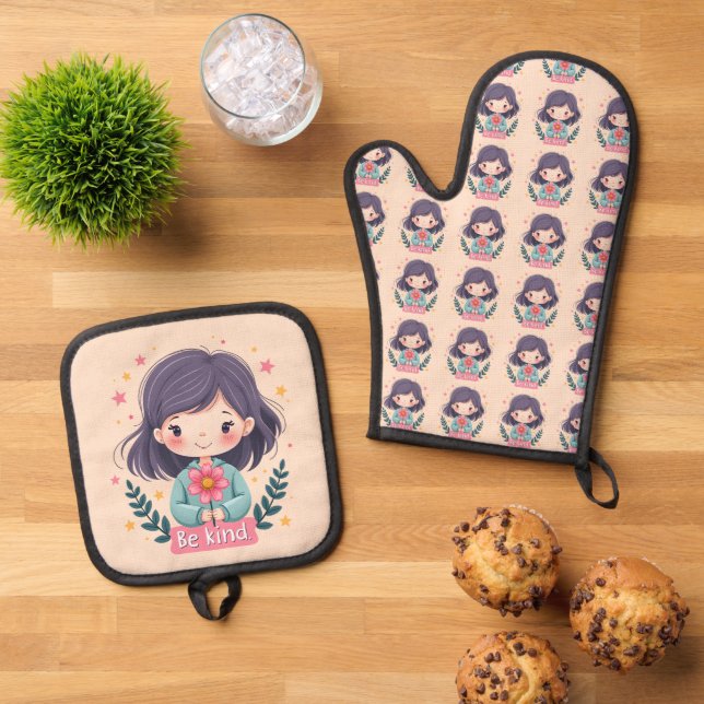 Cute Kawaii "Be Kind" Illustration Oven Mitt & Pot Holder Set (Top Down)