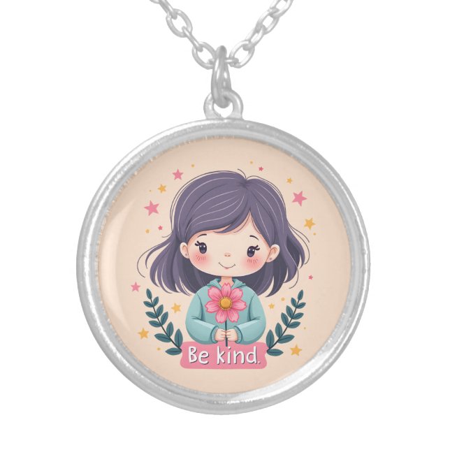 Cute Kawaii "Be Kind" Illustration Silver Plated Necklace (Front)