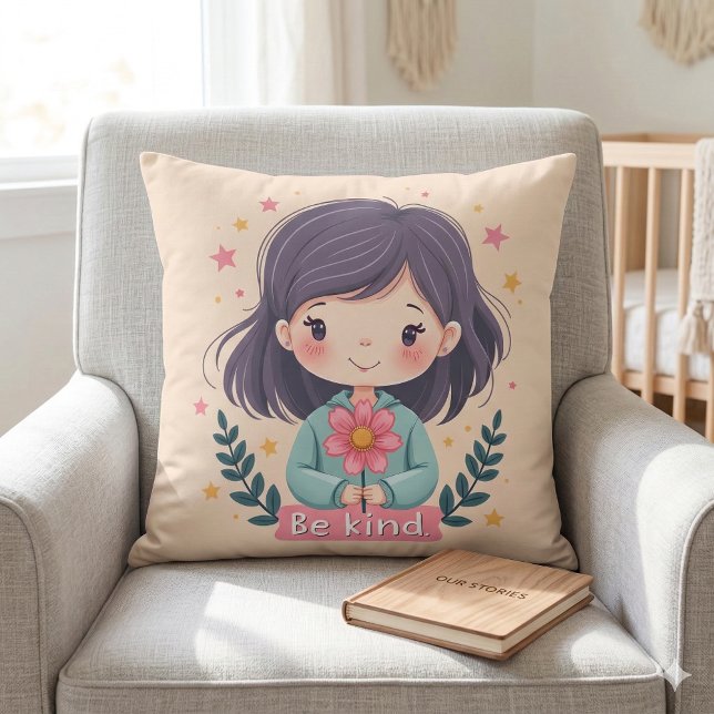 Cute Kawaii "Be Kind" Illustration Throw Pillow (Cute Kawaii Be Kind Illustration Throw Pillow Mockup A)