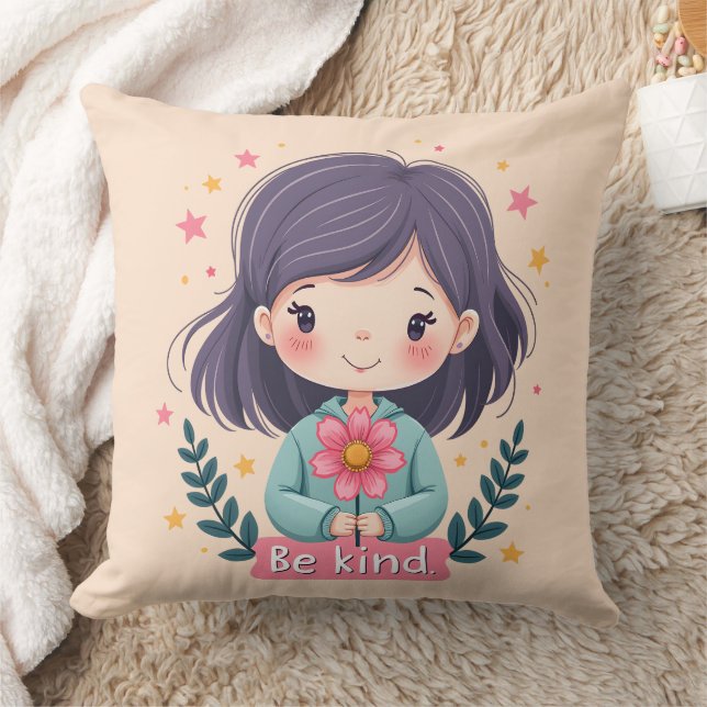 Cute Kawaii "Be Kind" Illustration Throw Pillow (Blanket)