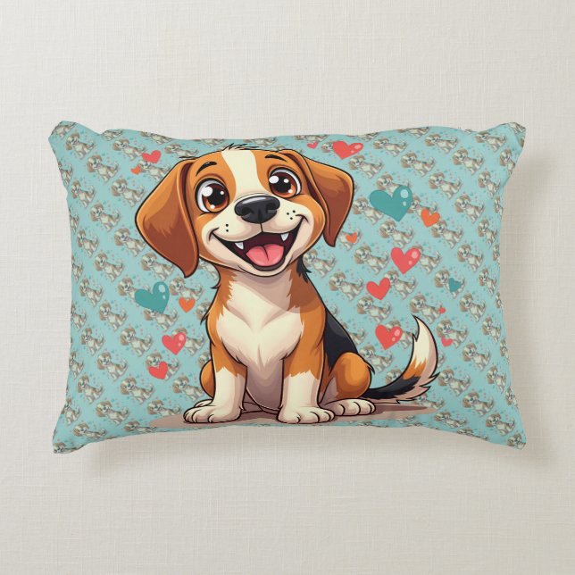 Cute Kawaii Beagle with Hearts Playful Dog Accent Pillow (Front)