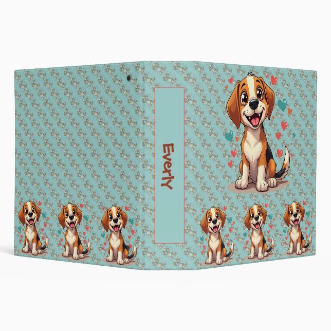 Cute Kawaii Beagle with Hearts Playful Dog Art  3 Ring Binder (Background)