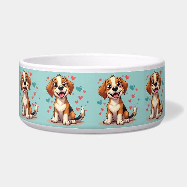 Cute Kawaii Beagle with Hearts Playful Dog Art Bowl (Front)