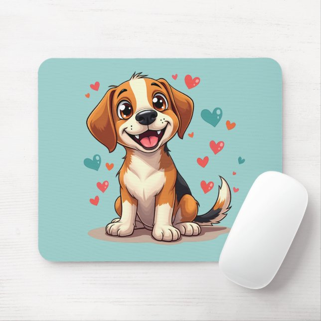 Cute Kawaii Beagle with Hearts Playful Dog Art Mouse Pad (With Mouse)