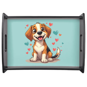 Cute Kawaii Beagle with Hearts Playful Dog Art Serving Tray