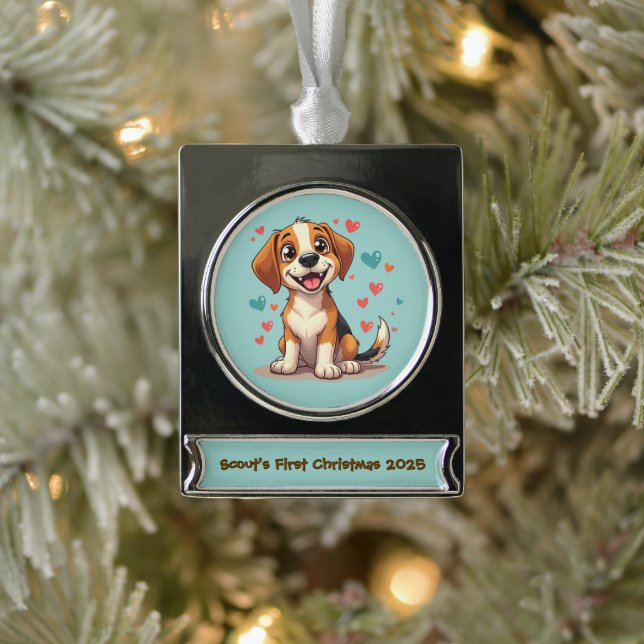 Cute Kawaii Beagle with Hearts Playful Dog Art Silver Plated Banner Ornament (Tree)