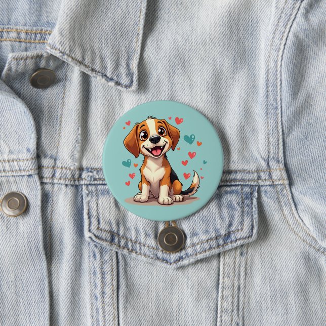 Cute Kawaii Beagle with Hearts Playful Dog Button (In Situ)