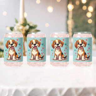 Cute Kawaii Beagle with Hearts Playful Dog Can Glass