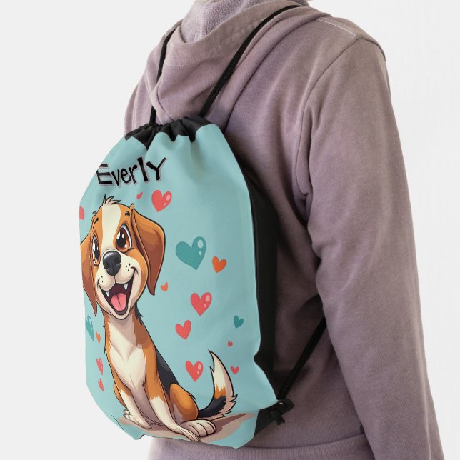 Cute Kawaii Beagle with Hearts Playful Dog Drawstring Bag (Insitu)