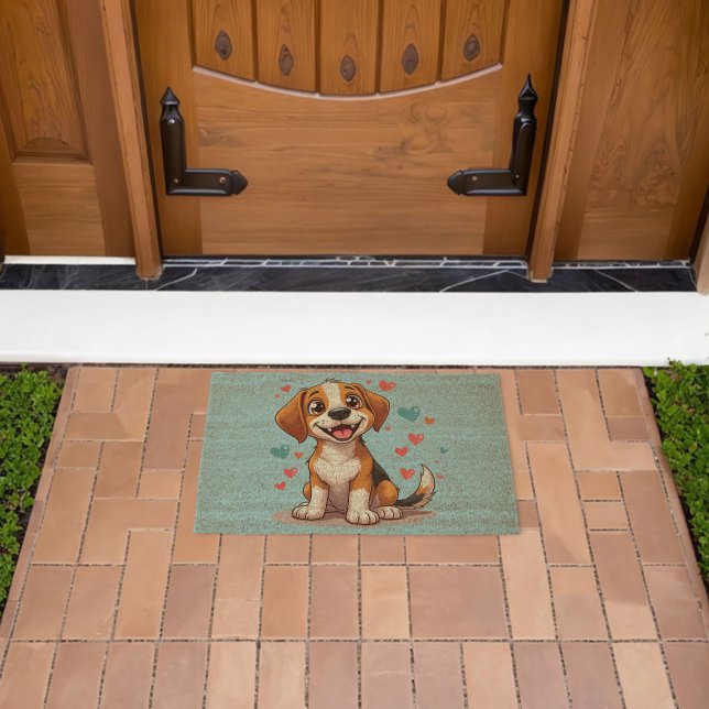 Cute Kawaii Beagle with Hearts Playful Dog Fiber Doormat (Insitu (Outdoor))