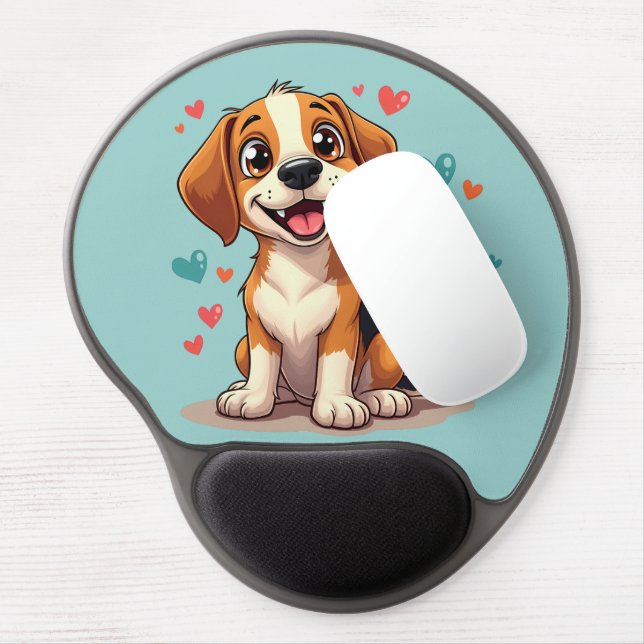 Cute Kawaii Beagle with Hearts Playful Dog Gel Mouse Pad (Left Side)