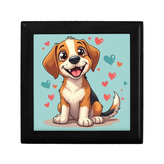 Cute Kawaii Beagle with Hearts Playful Dog Gift Box (Front)