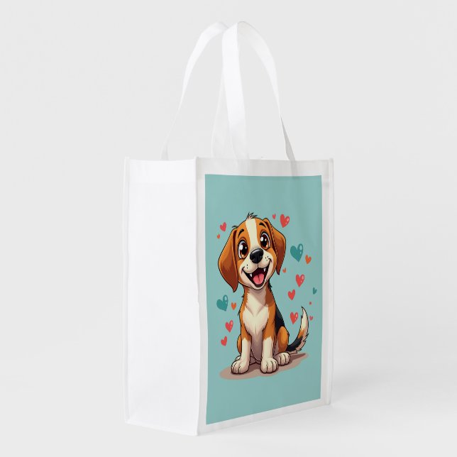 Cute Kawaii Beagle with Hearts Playful Dog Grocery Bag (Back Side)
