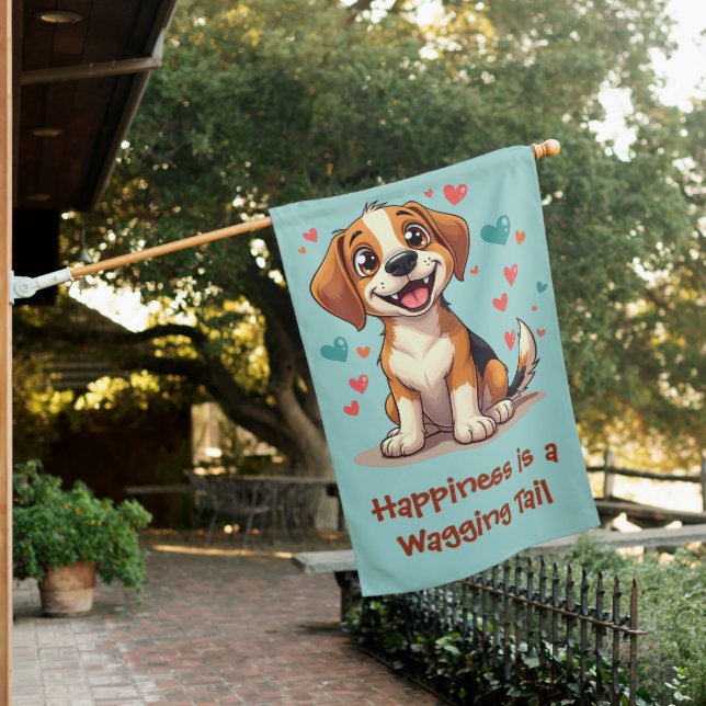 Cute Kawaii Beagle with Hearts Playful Dog House Flag (In SItu)
