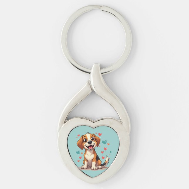 Cute Kawaii Beagle with Hearts Playful Dog Keychain (Front)