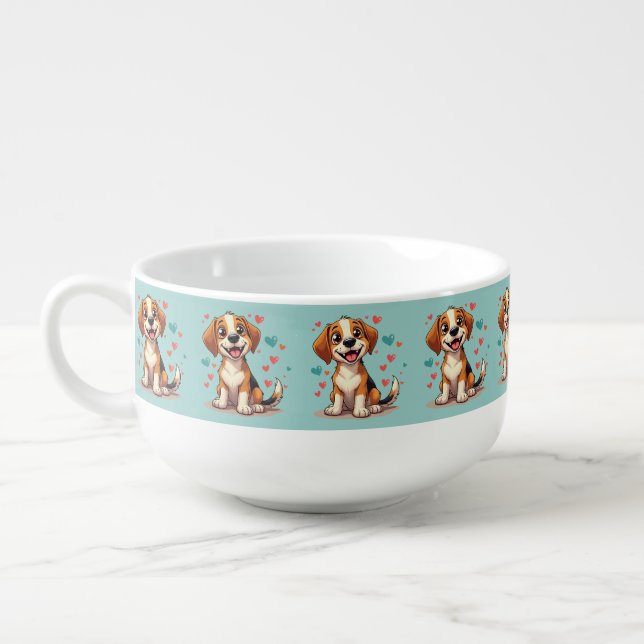 Cute Kawaii Beagle with Hearts Playful Dog Soup Mug (Right)