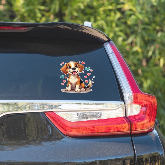 Cute Kawaii Beagle with Hearts Playful Dog Sticker (Car Side)