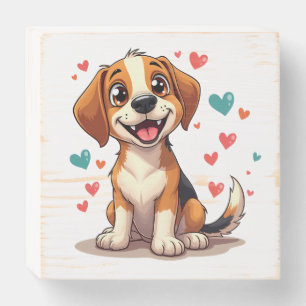 Cute Kawaii Beagle with Hearts Playful Dog Wooden Box Sign