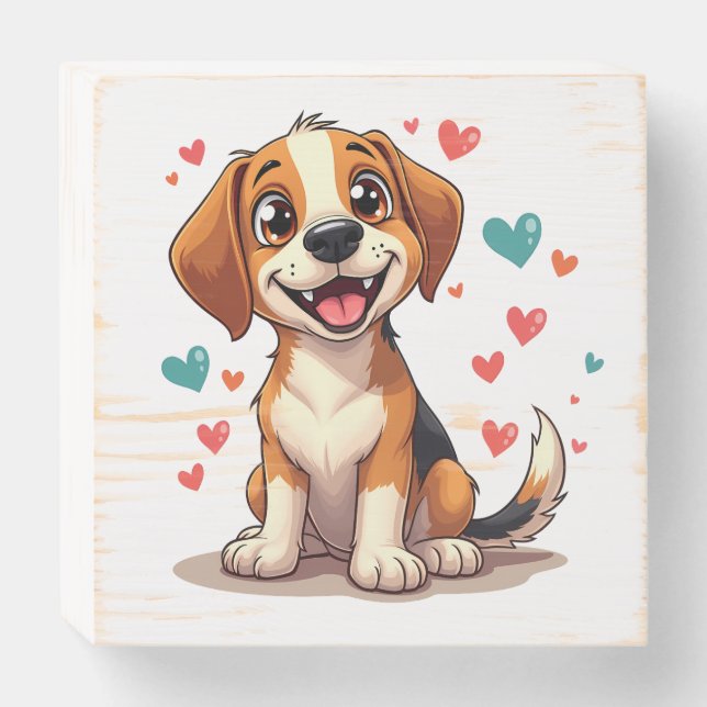 Cute Kawaii Beagle with Hearts Playful Dog Wooden Box Sign (Front Horizontal)