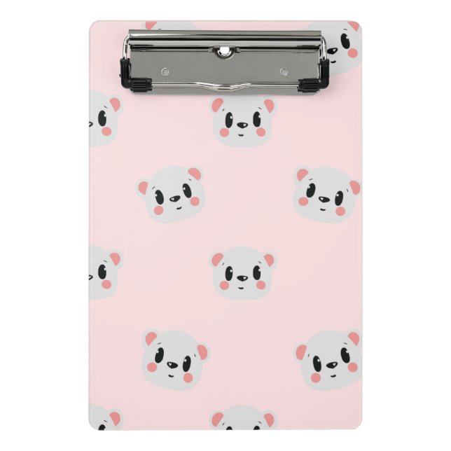 Cute Kawaii Bear Face Pattern on Pastel Pink Mini Clipboard (Front)