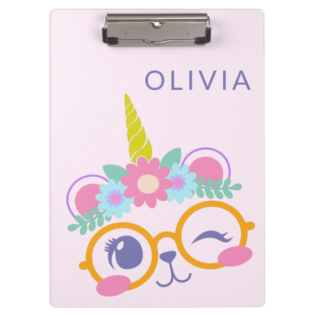 Cute Kawaii Bear Unicorn Face Pink Personalized Clipboard (Front)