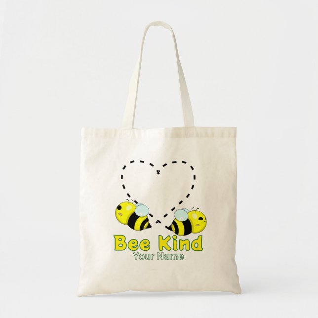 Cute Kawaii Bee Heart "Bee Kind" Personalized Name Tote Bag (Front)