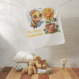 Cute Kawaii Bee Watering Sunflower Bee Happy Grow Baby Blanket