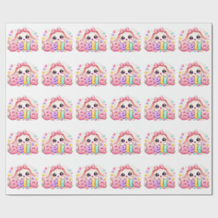 Cute Kawaii Bella Bunny Name Pastel Pink Floral Bu Wrapping Paper