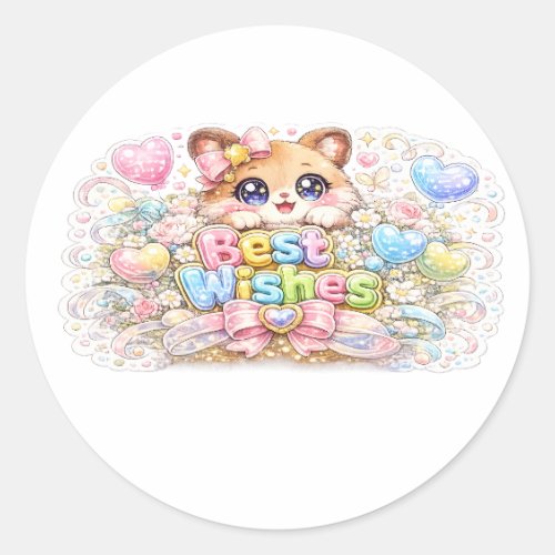 Cute Kawaii Best Wishes Cat Pastel Pink Floral Gre Classic Round Sticker