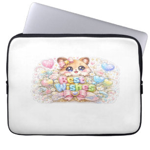 Cute Kawaii Best Wishes Cat Pastel Pink Floral Gre Laptop Sleeve