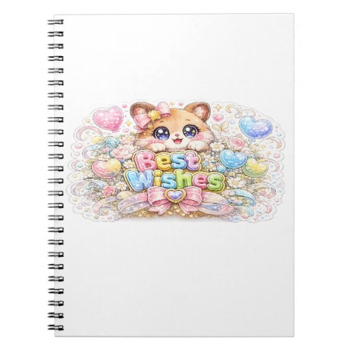 Cute Kawaii Best Wishes Cat Pastel Pink Floral Gre Notebook