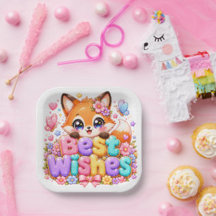 Cute Kawaii Best Wishes Fox Name Pastel Pink Flora Paper Plates