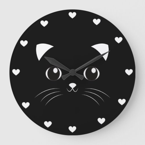 Cute Kawaii Black Cat face outline Large Clock