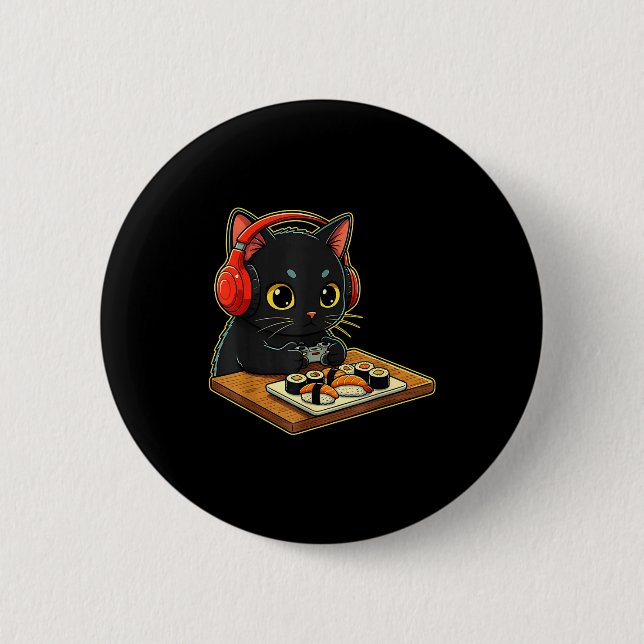 Cute Kawaii Black Cat Funny Sushi Retro Japanese C Button (Front)