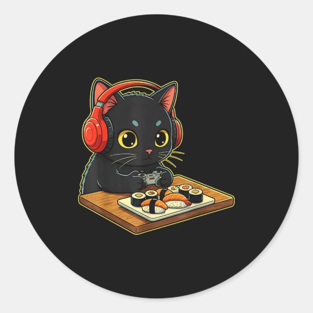 Cute Kawaii Black Cat Funny Sushi Retro Japanese C Classic Round Sticker (Front)