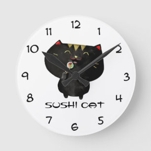 Cute Kawaii Black Sushi Cat Round Clock