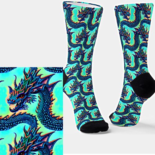 Cute Kawaii Blue Baby Dragon on Aqua  Socks