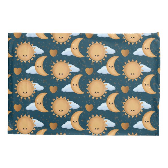 Cute Kawaii Blue Gold Sun Moon Hearts Pillow Case (Back)