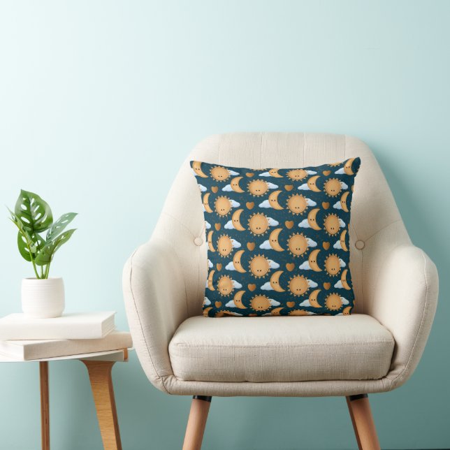 Cute Kawaii Blue Gold Sun Moon Hearts Throw Pillow (Chair)