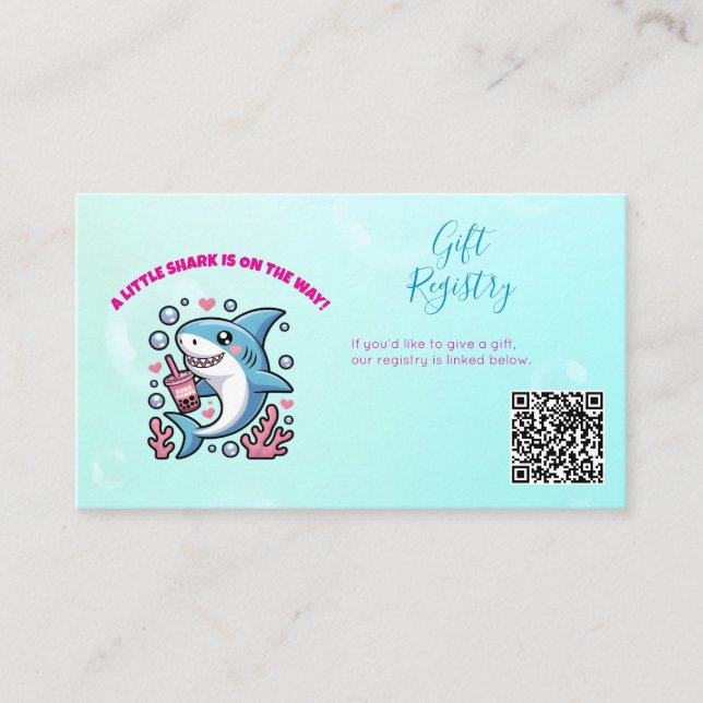 Cute Kawaii Boba Shark Baby Shower QR Code Enclosure Card (Front)