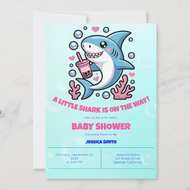 Cute Kawaii Boba Shark Pink & Blue Baby Shower Invitation (Front)
