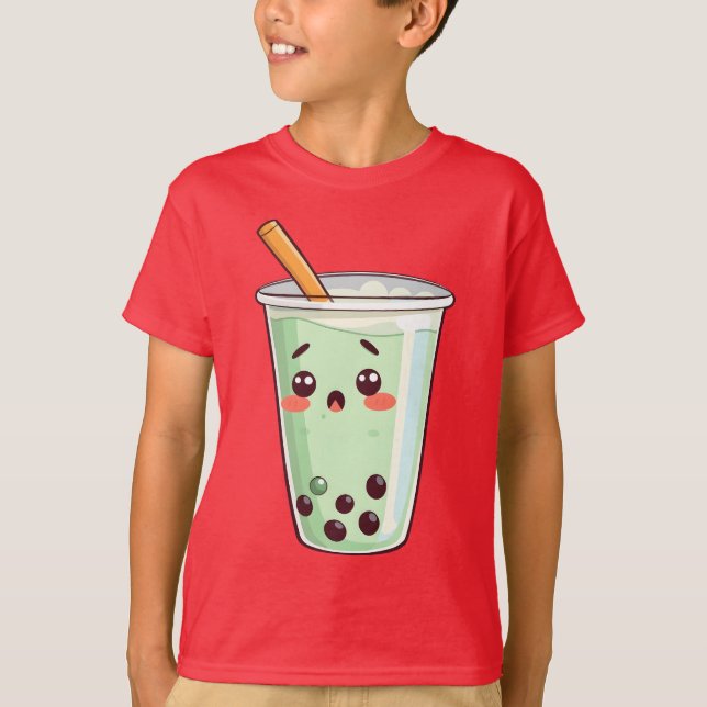 Cute Kawaii Boba Tea Bubble Tea Character Matcha G T-Shirt (Front)