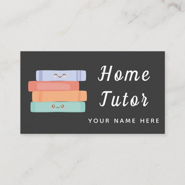 Cute Kawaii Books Home Tutor Teacher Simple Gray Business Card (Front)